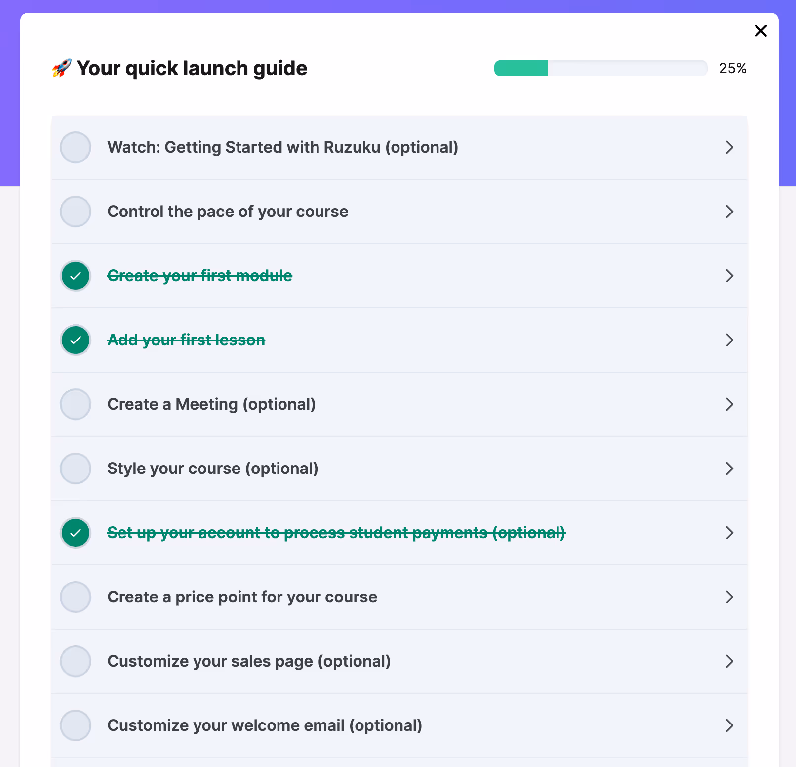 Quick Launch Guide checklist for creating your first course